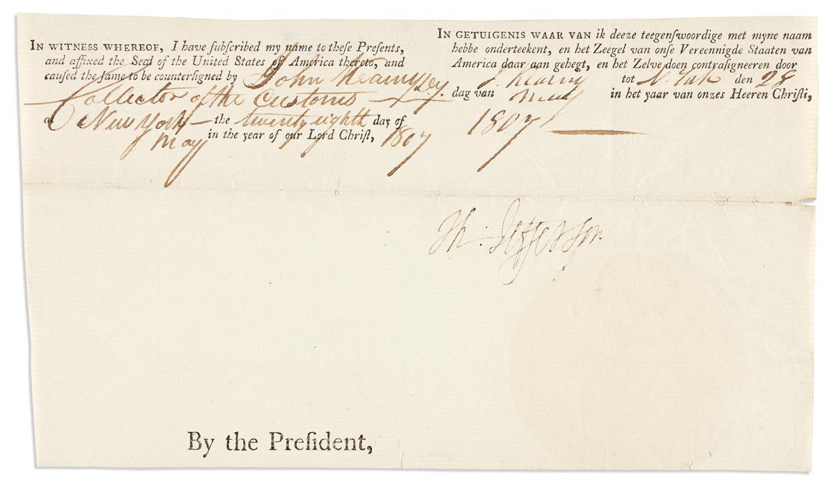 JEFFERSON, THOMAS. Two clipped portions of partly-printed Documents Signed, Th:Jefferson, as President, each a fragment of a four-lan